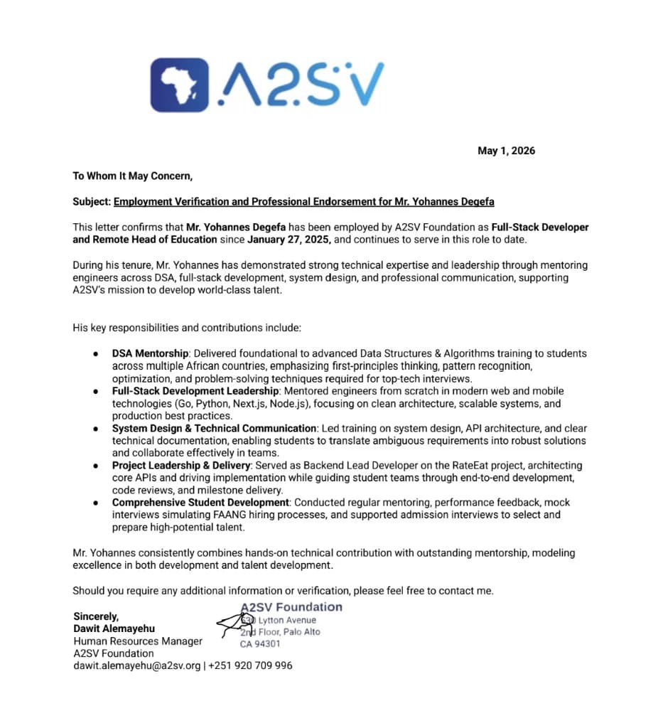 A2SV Head of Education Employment Verification Full-Stack Developer & Remote Head of Education